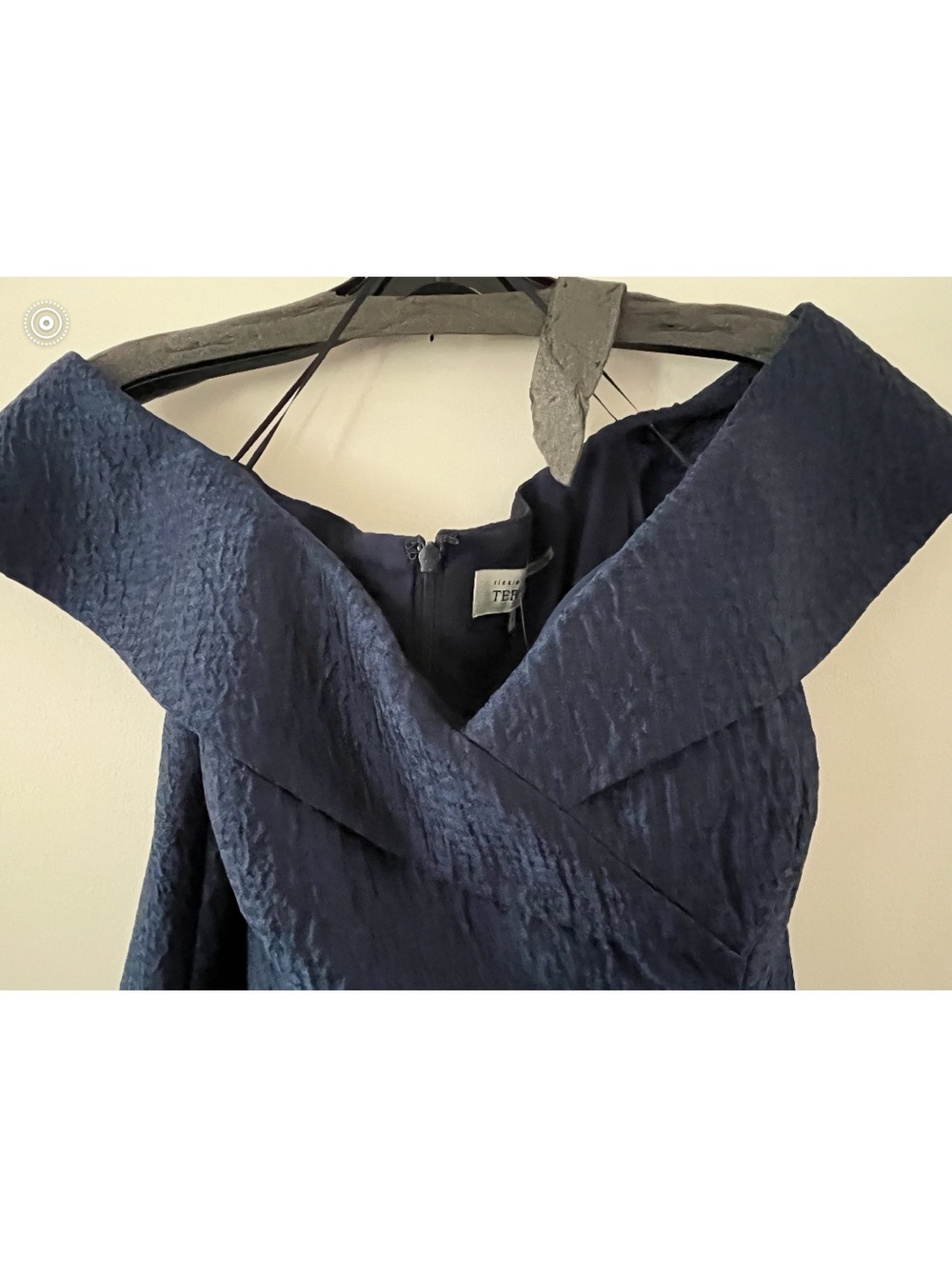 Rickie Freeman for Teri Jon Off-the- Shoulder High Low Navy Jacquard Gown S 14 - Picture 6 of 9